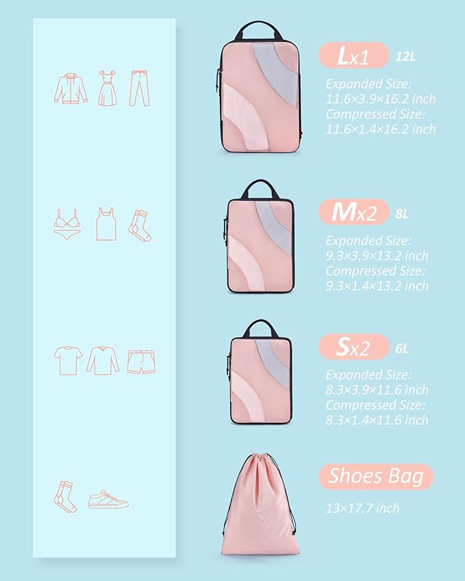 BAGSMART Compression Packing Cubes, 6 Set/4 Set/2 Set Travel Packing Cubes for Carry on Suitcases, Compression Suitcase Organ