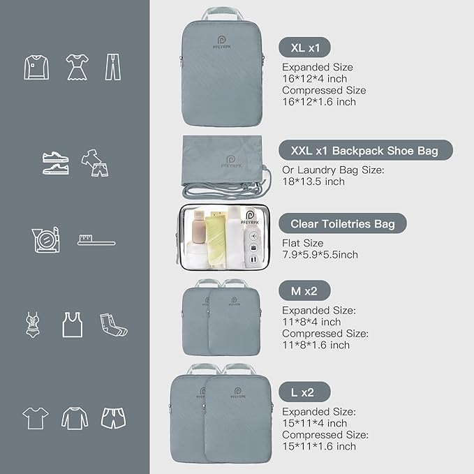 PFEYRPK Lightweight Compression Packing Cubes for Suitcases, Compressible Expandable Travel Packing Organizer with Clear Toil
