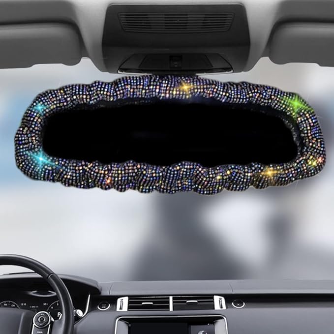 Bling Rearview Mirror Accessories Elastic Plush Car Rear View Mirror Cover for Women Bling Car Accessories Universal Fit (Colorful Diamond)