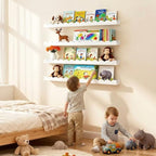 LinTimes 4-Pack Natural Wood & White Floating Shelves Set and 4-Tier LED Wall Shelf Unit with Remote Control – Wall Mounted D