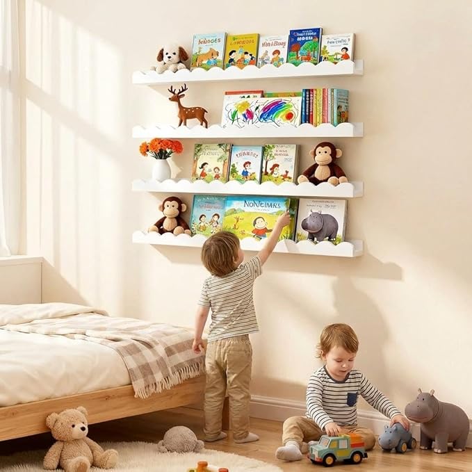 LinTimes 4-Pack Natural Wood & White Floating Shelves Set and 4-Tier LED Wall Shelf Unit with Remote Control – Wall Mounted D