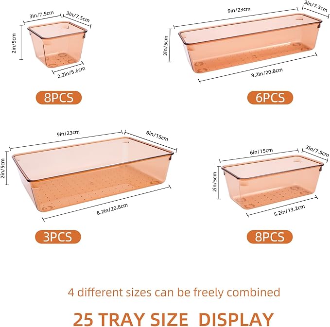 Coffee Acrylic Drawer Organizers Set Storage for Makeup, Office Desk Small Vanity Trays for Drawer Bathroom Plastic Make up O
