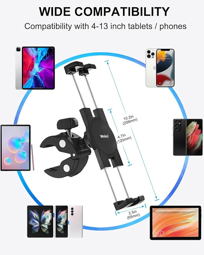 woleyi Bike Tablet Mount, Motorcycle Bicycle Tablet Holder, Cycling Handlebar Clamp with 360 Rotation for iPad Pro Air Mini, iPhone, Samsung Galaxy Tabs, Fire HD, More 4.7-13" Cellphones and Tablets