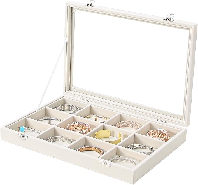 Coward Jewelry Organizer Box, Beige Velvet 12 Grids Bracelet Bangle Necklace Jewelry Display Tray Case with Transparent Glass