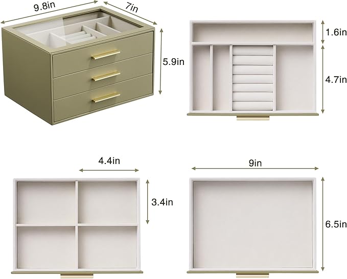 Jewelry Box Organizer Case for Women: 3-Layer Jewelry Storage Case with Glass Window, Olive Green Leather with Cream Velvet, 