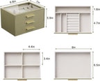 Jewelry Box Organizer Case for Women: 3-Layer Jewelry Storage Case with Glass Window, Olive Green Leather with Cream Velvet, 