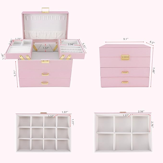 Dajasan Jewelry Organizer Box, Large Jewelry Boxes for Girls, Space-Saving 4 Layers Jewelry Storage Case with Drawer, Gift fo