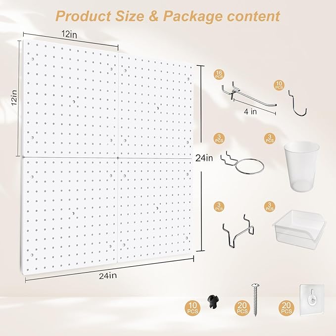 FZK Peg Board with Hooks, Plastic Pegboard Kit with 4 White Pegboards and Accessories, Peg Board Wall Organizer for Office an