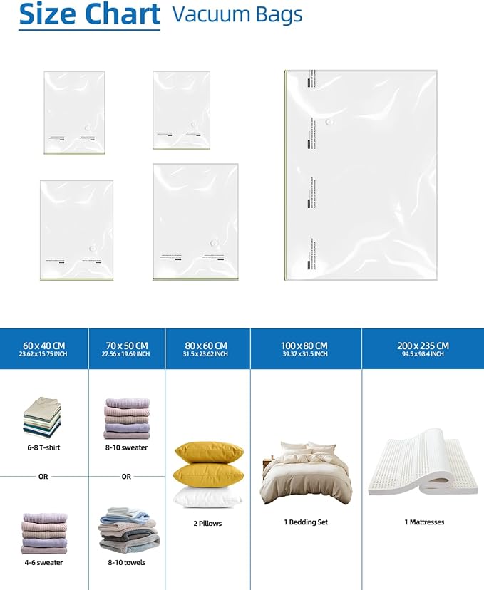 Vacuum Storage Bags for moving, Vacuum Seal Bags for Memory Foam, Latex, Clothing & Bedding, Space Saver Bags for Organizatio