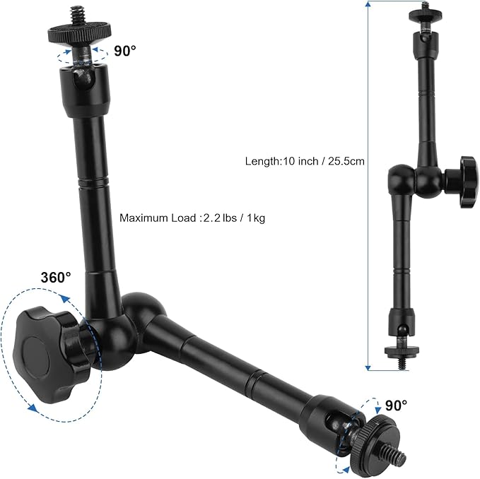 Car Headrest Camera Mount for GoPro/Insta 360/DJI OSMO/AKASO/Video/DSLR, 1.57 inch Diameter Base 10 inch Length Magic Arm, Aluminum Alloy Adjustable Camera Holder, Black