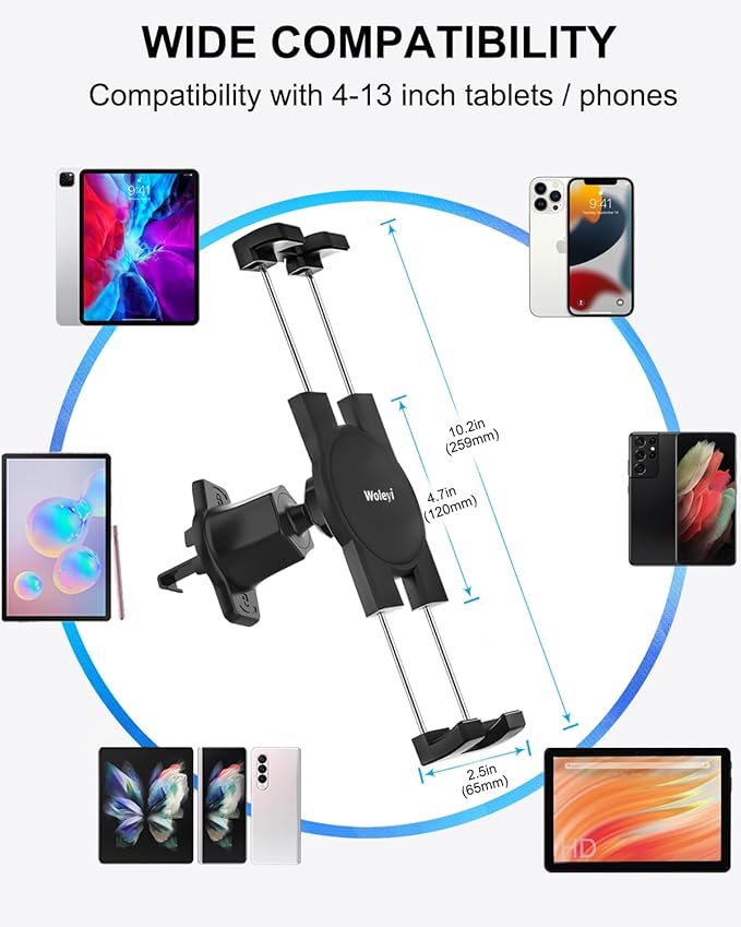 woleyi Car Vent Tablet Mount, Air Vent Clip Tablet Holder for Car with Adjustable Metal Hook Clamp, Compatible with iPad Pro/Air/Mini, Galaxy Tabs/Z Fold, iPhone, More 4.7-13" Cell Phones and Tablets