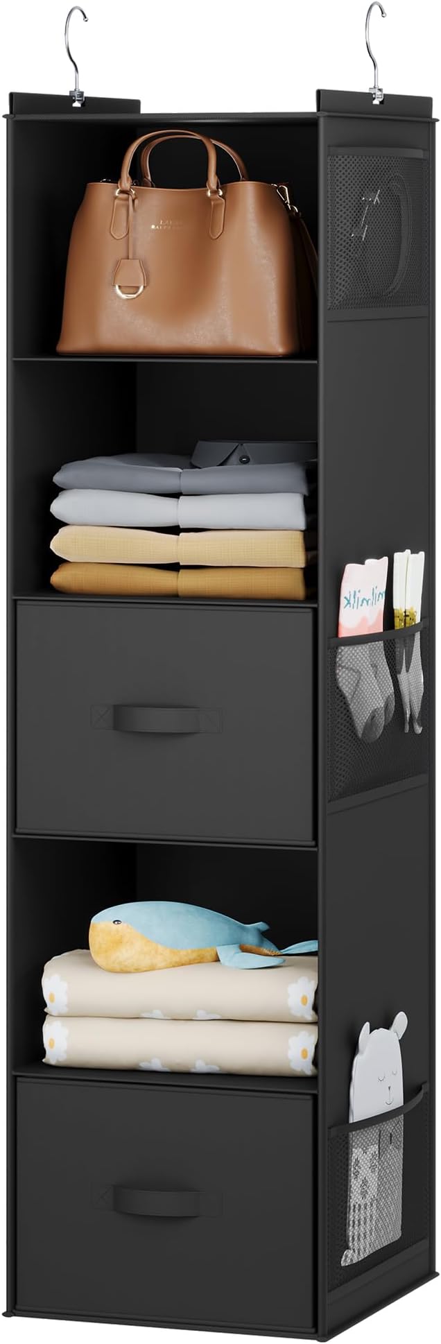 YOUDENOVA Hanging Closet Organizer, 5 Tier Hanging Closet Shelves with 6 Side Pockets and 2 Drawers, Black