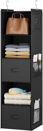 YOUDENOVA Hanging Closet Organizer, 5 Tier Hanging Closet Shelves with 6 Side Pockets and 2 Drawers, Black