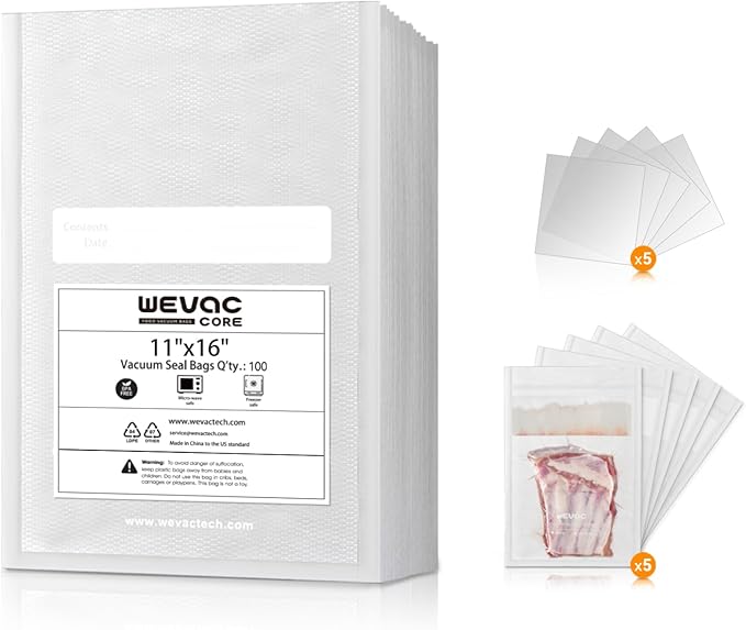 Wevac 11" x 16" Precut Vacuum Sealer Bags, 100 Count, Includes 5 Liquid Block Bags & 5 Bone Guard Pieces, Heavy Duty for Food