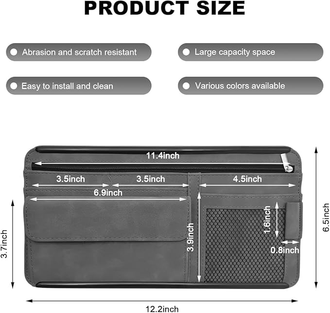 Car Sun Visor Organizer, Leather Sun Visor Pocket Organizer Case with Multi-Pocket Net Zipper, Suede Note Holder Car Visor Storage Pouch for Card Pen Sunglasses Document (Gray)
