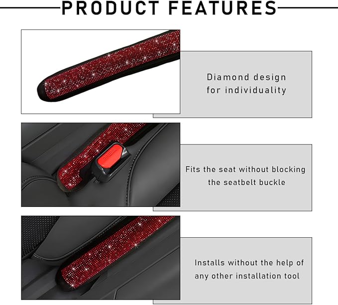 2PCS Bling Car Seat Gap Filler, Sparkling Rhinestone Side Seat Gap Blocker Stop Things from Dropping, Soft Foam Car Truck Filler Blocker Fill The Gaps Between Seats and Console (Red)