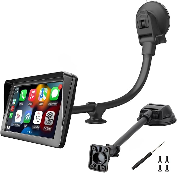 Suction Cup Mount for Carplay Screen with Scrwes, 11.8” Long Arm 360° Adjustable Aluminum Alloy Arm, Strength Windshield Dashboard Mount with 78mm Adhesive Disk for All Car Display Holder
