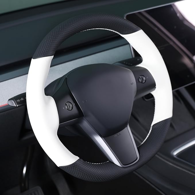 MEWANT Hand Stitched White Leather Tesla Model 3 Steering Wheel Cover for Tesla Model 3 2017-2023 / Model Y 2020-2023 for Tesla Model 3/Y Accessories