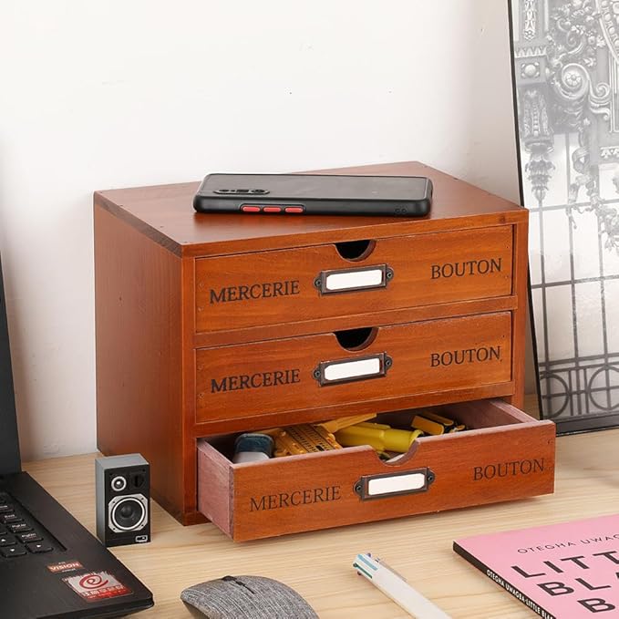 Wooden Storage Box Rustic Desktop Organizer with 3 Drawers Office Desk Accessories Shelf Small Craft Storage Containers Apoth