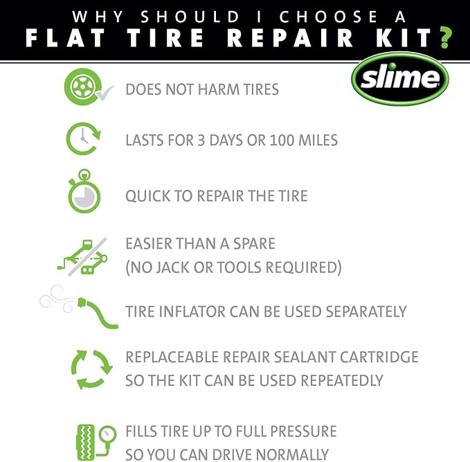 Slime 50122 Flat Tire Puncture Emergency Kit, Includes Sealant and Tire Inflator Pump, Analog, Suitable for Cars and Other Highway Vehicles, 10 Min Fix