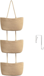TeoKJ Over the Door Hanging Basket, 3-Tier Woven Cotton Wall-Mounted Storage Organizer Bag Decorative Hanging Nursery Baskets