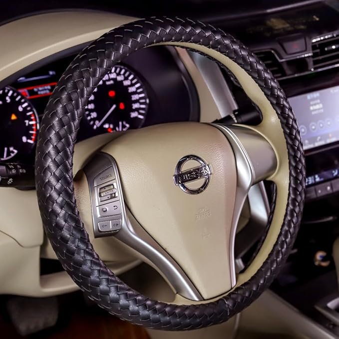 Carwales Car Leather Steering Wheel Cover Men Luxury Black Hand-Made Wrap Hand Woven Universal 14.5-15 Inch