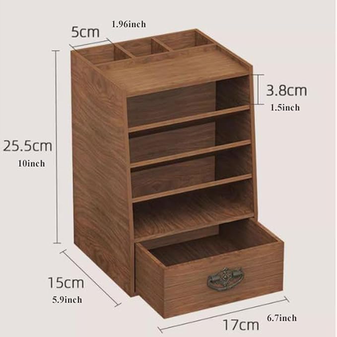 Makeup Organiser Storage Wood Makeup Organizer Box, Lipsticks Holder Rack, with Drawer and Tabletop for Storing Palettes, Bru