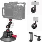 CNC Machined 4.5in Suction Cup Camera Mount with Ball Head Magic Arm, 1/4" ARRI Holes, Quick Release Car Mount with Phone Holder&Action Camera Adapter Compatible with DJI OSMO Pocket3 Insta360 iPhone
