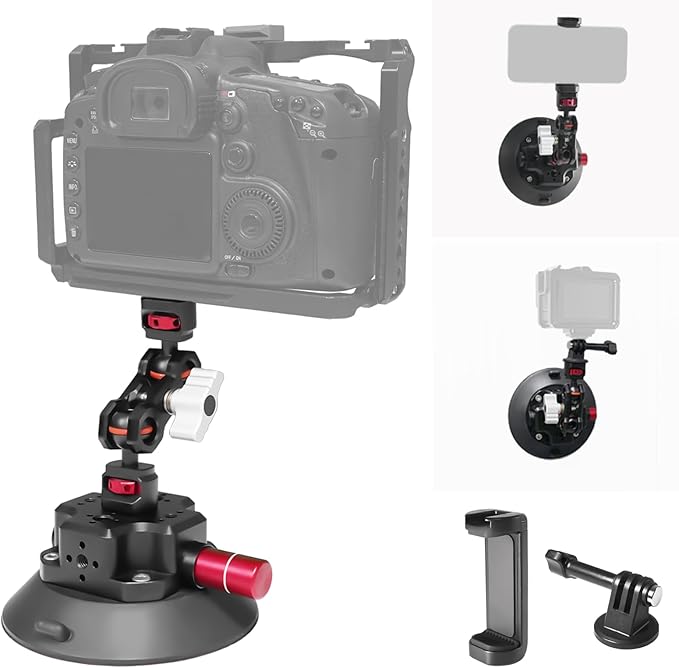 CNC Machined 4.5in Suction Cup Camera Mount with Ball Head Magic Arm, 1/4" ARRI Holes, Quick Release Car Mount with Phone Holder&Action Camera Adapter Compatible with DJI OSMO Pocket3 Insta360 iPhone