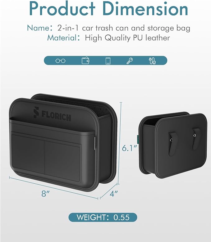 FLORICH Car Door Organizer, Small Leather Foldable Hanging Organizer and Trash Can 2-in-1, Multi-Function Mini Storage Box Garbage Can for Car Back Seats and Side Door-1Pack