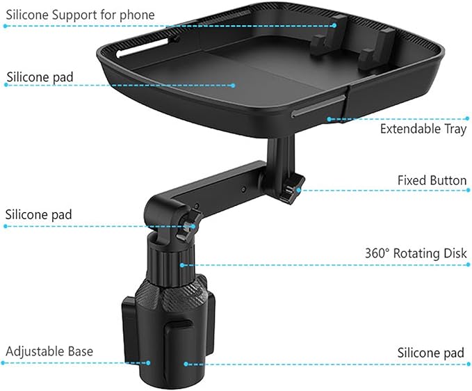 DOUBFIVSY Larger Cup Holder Tray for Car, 10 inch Car Food Tray with Phone Holder Detachable 3 in 1 Car Cup Holder 360° Rotat