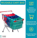 Handy Sandy Cart Caddy – 3-Pack Reusable Shopping Bags with Cart Clips | Heavy-Duty Grocery Organizer Tote Set | Eco-Friendly, Foldable, 40 lb Capacity | Red