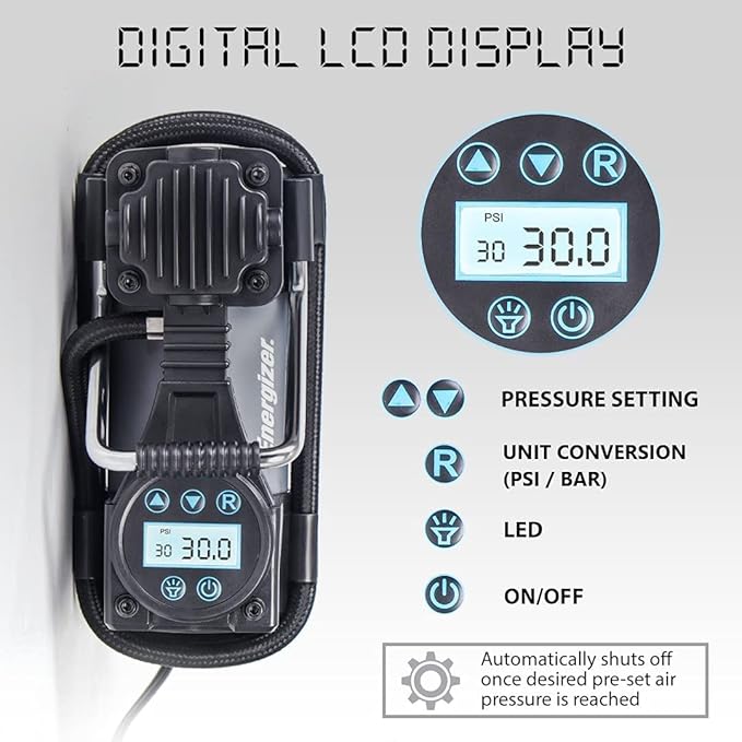 Energizer Air Compressor Portable Tire Inflator, 12V DC Air Pump for Car Tires with Digital Tire Pressure Gauge, 120 Max PSI, Preset Pressure Feature, LED, Digital Display - Includes Storage Bag