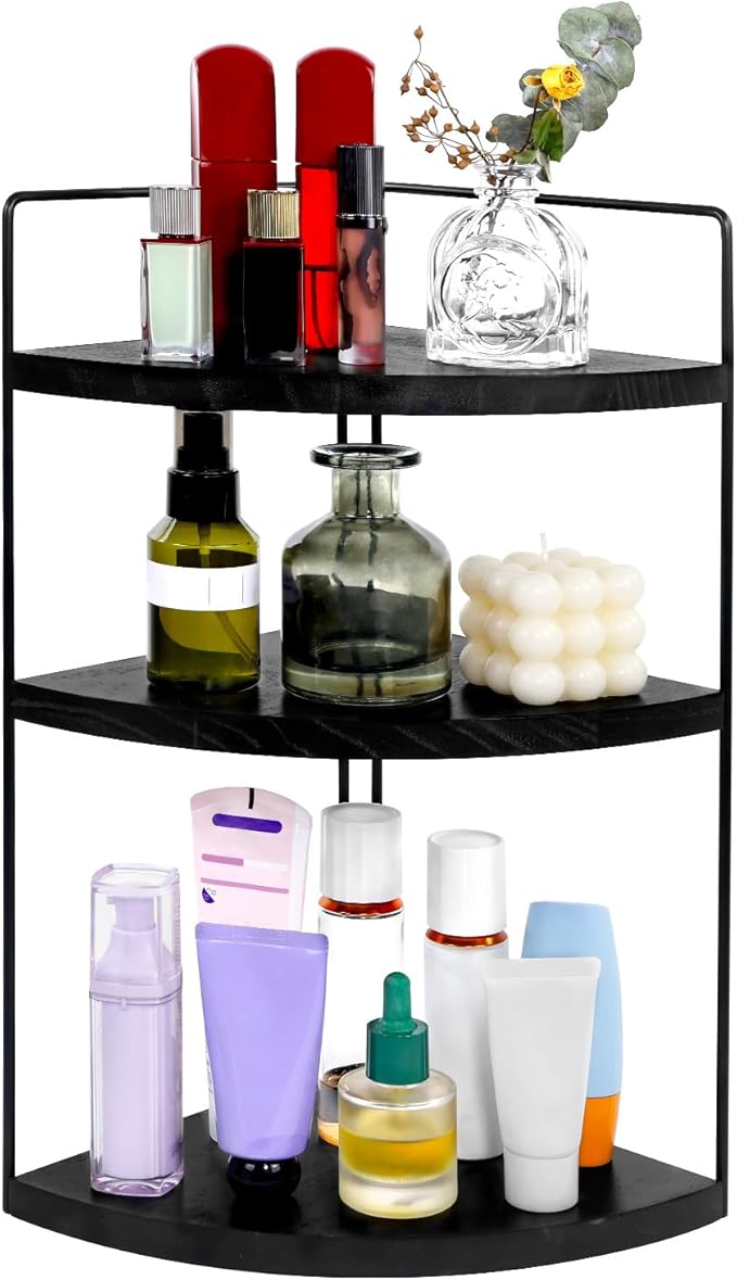Corner Bathroom Counter Organizer Countertop Black, 3-Tier Corner Shelf Wood Vanity Tray Easy Assembly Space Saving Shelf for