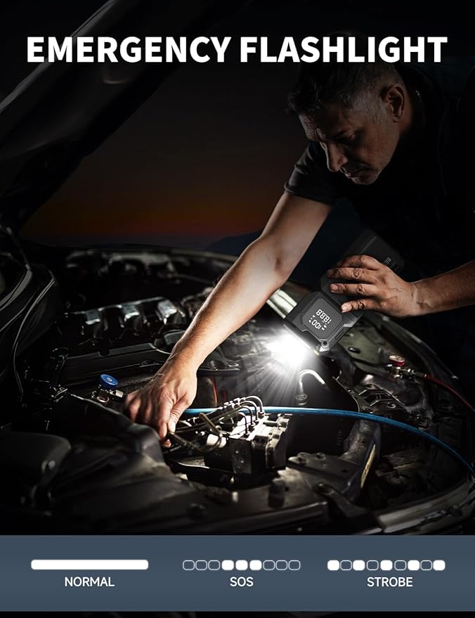 Q27 Jump Starter with Air Compressor, 3000A Portable Car Battery Booster, 150PSI Tire Inflator, Jumper Cables with LED Light, 12V Jump Box for Up to 7.0L Gas & 5.0L Diesel Engines