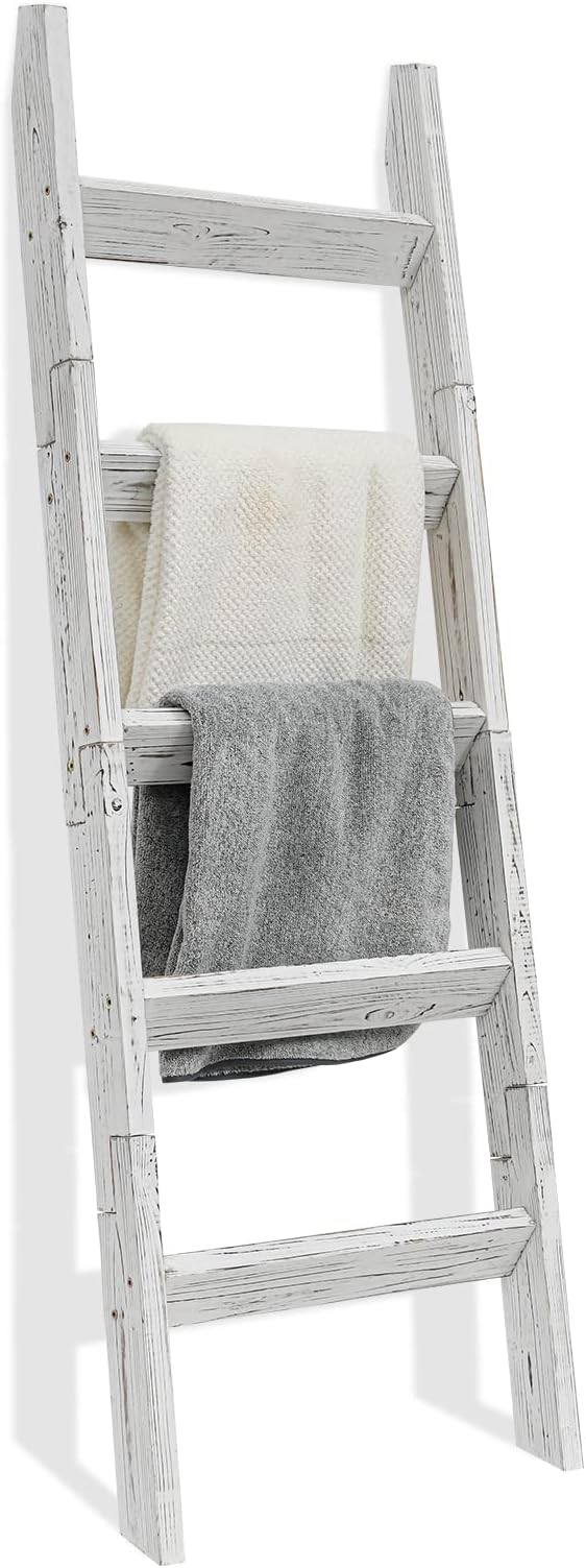 FUIN 5ft Wood Blanket Ladder Living Room Decorative Wall Leaning Farmhouse Quilt Display Holder Storage Wooden Towel Rack for