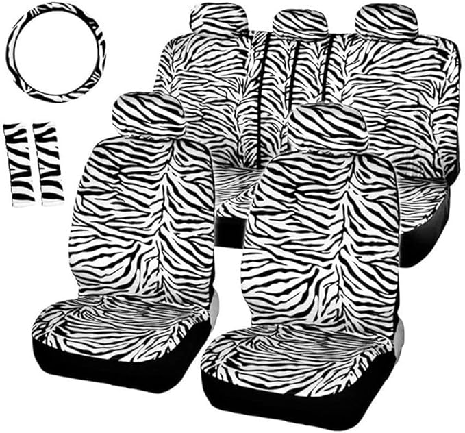 AUTOFAN Zebra Car Seat Covers for Full Set with 2 Seat Belt Pads & Universal 15 Inch Steering Wheel Cover Fit for Cars, Truck