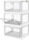 HYBRIDEAS 3-Pack Clear Stackable Storage Bins with Lids Magnetic Doors Open Front Foldable Folding Plastic Craft Containers L