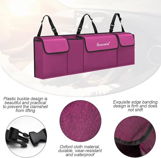 Hanemia Car Trunk Organizer, Backseat Hanging Storage with 4 Large Pockets, Collapsible Cargo Bag with Adjustable Straps