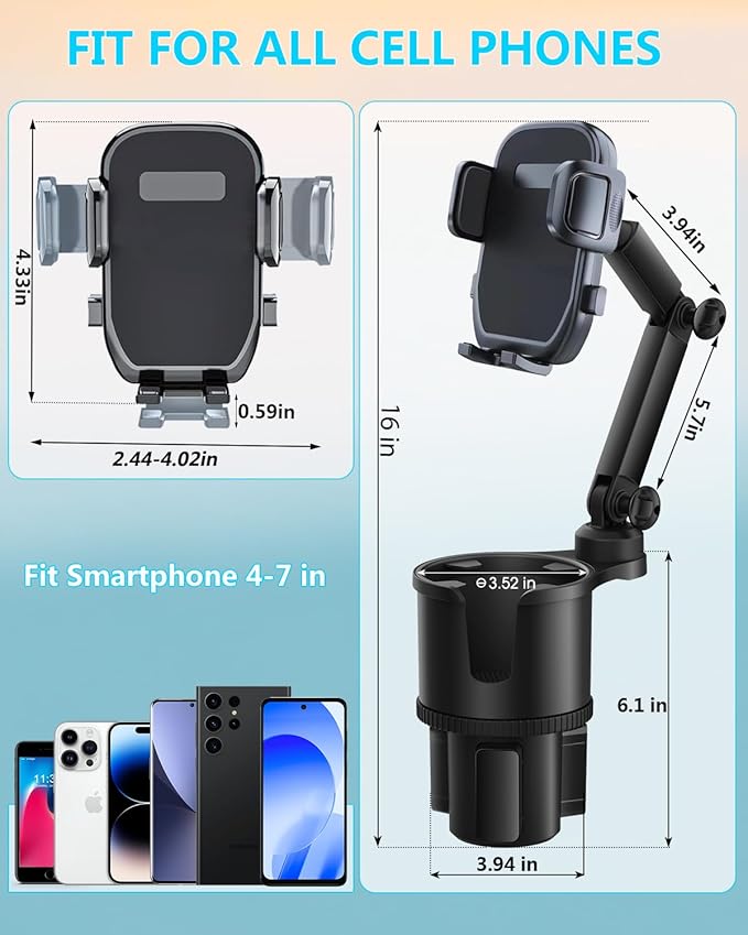Cup Phone Holders for Your Car, [360°Adjustable] Car Cup Holder Phone Cradle for 2.5-4" Cup Holders-Compatible with iPhone 15/14 Pro, Phone Holder Mount for Truck/SUV| Anti-Slip & No Shake Design