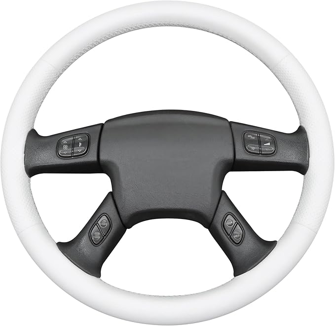 MEWANT Hand Stitched Steering Wheel Cover for Chevy Silverado 1500 2003-2006 DIY White Faux Leather Steering Wheel Wrap