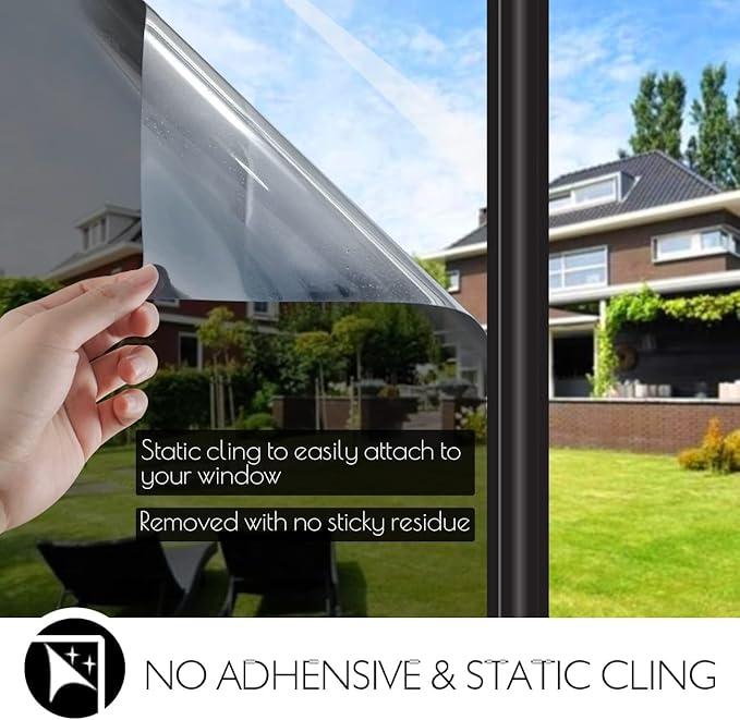 HIDBEA One Way Privacy Window Film, Daytime Mirror Reflective Heat Control UV Sun Blocking Non-Adhesive Static Cling Window Tint for Home and Office(Black-Silver, 41.3 Inch x 6.5 Feet)