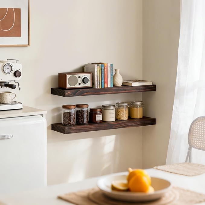Floating Wall Shelves 24x6.8x1.7 Inch – Solid Wood Rustic Shelves in Walnut Finish – Wall Mounted Display Shelf for Bathroom,
