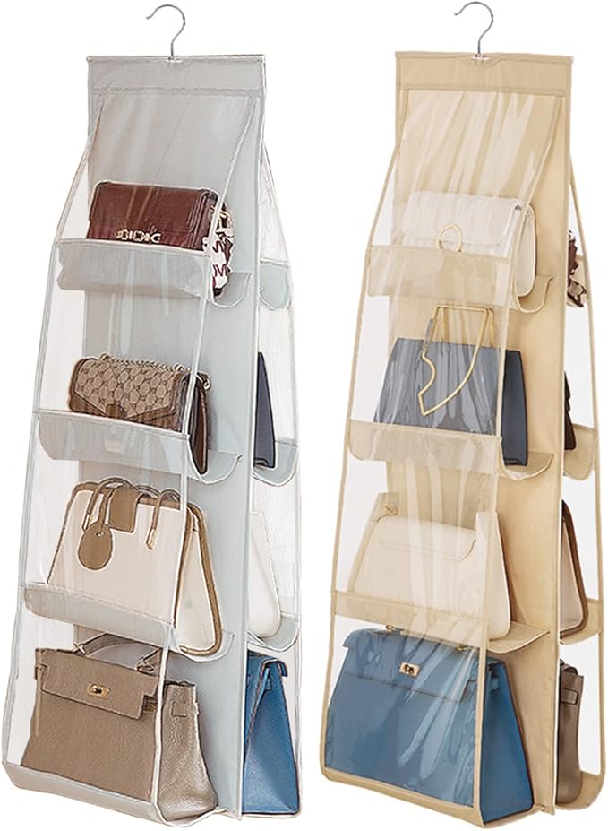 AARAINBOW 2 Pack Hanging Handbag Purse Organizer, 8 Pockets, Wardrobe Closet Space Saving Transparent Hand Bags Holder, 43.3L