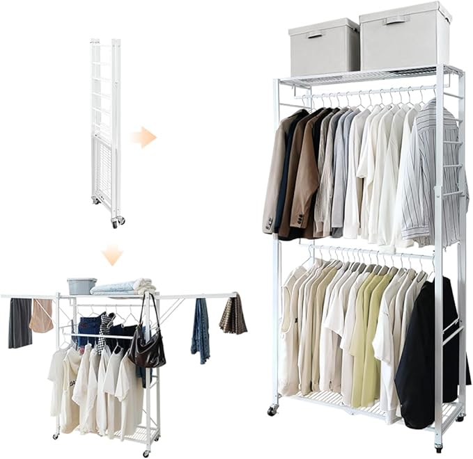 lumizone Folding Clothing Rack with Wheels Expandable Wardrobe Portable Clothes Rack for Hanging Clothes Adjustable Closet Sh