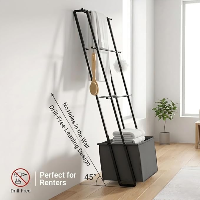 2-in-1 Leaning Blanket Ladder with Storage Basket, Matte Black Metal Towel Rack Stand, Drill-Free Space Saving Organizer for 
