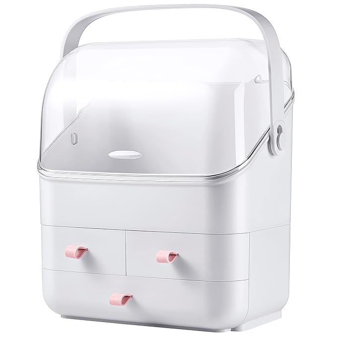 LINFIDITE Cosmetic Storage Box with Lid Makeup Organizer Box with Dust Free Cover Portable Handle,Large Makeup Display Case w