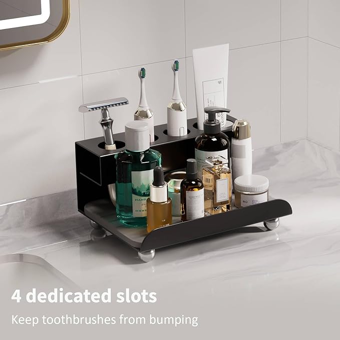 YOOLENS Quick Dry Electric Toothbrush Holder 4 Slots Metal Bathroom Counter Organizer for Toothpaste Razor Mouthwash, Black