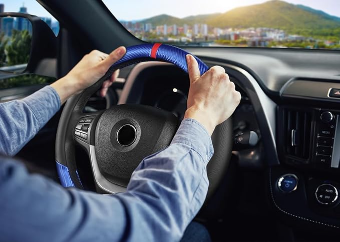 KAFEEK Carbon Fiber Steering Wheel Cover, Universal 15 Inch for Men Women, Breathable Microfiber Leather, Anti-Slip Inner Lin