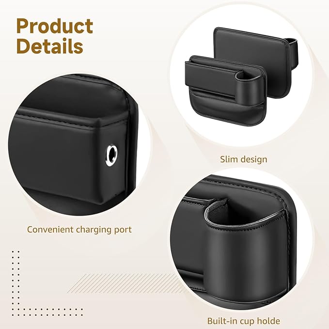 2 Pcs Car Seat Gap Filler Organizer, Leather Storage Box with Cup Holder, Cable Hole, Clutter Catcher for Cars, Black Seat Gap Storage Pockets for Driver and Passenger Seats